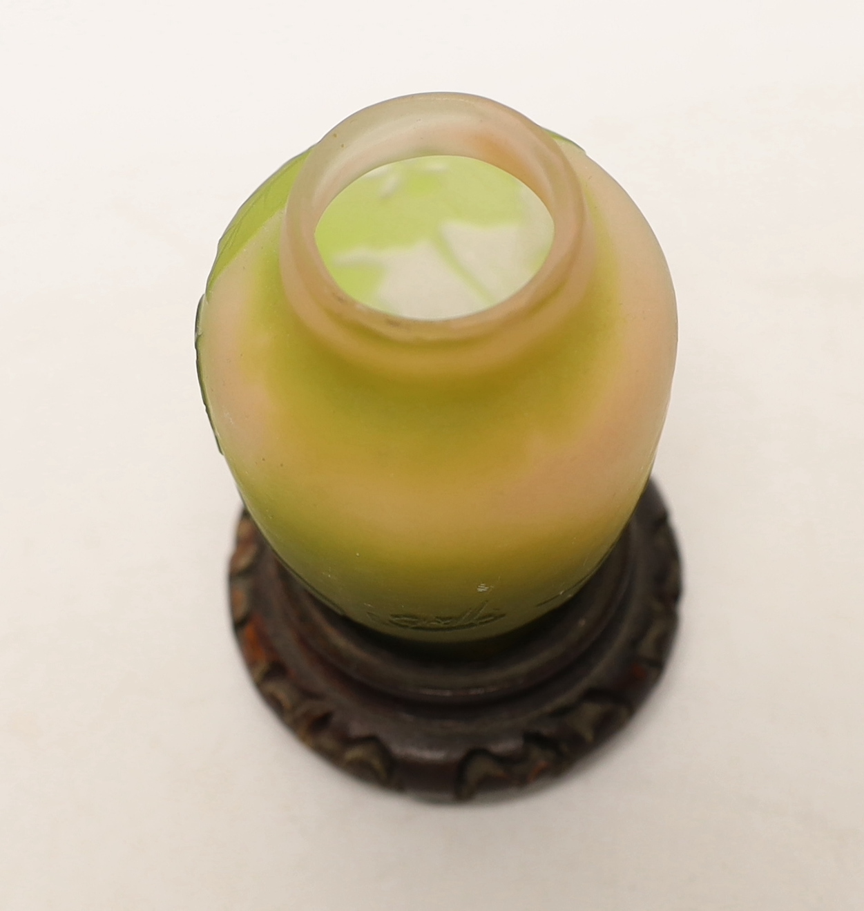 A small Gallé cameo glass vase, attached to hardwood base, 10cm